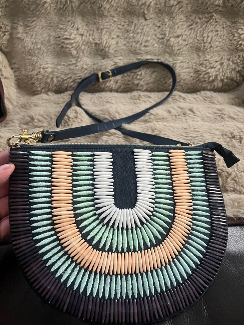 Stella & Dot Black Crossbody with Mint & Peach Beadwork - Picture 3 of 9